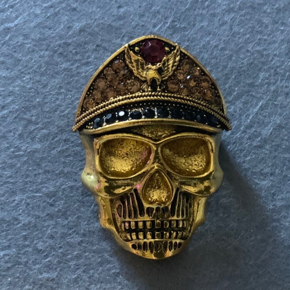 Gothic Rhinestone Skull Military Captain Brooch Pin - Antique Gold Tone